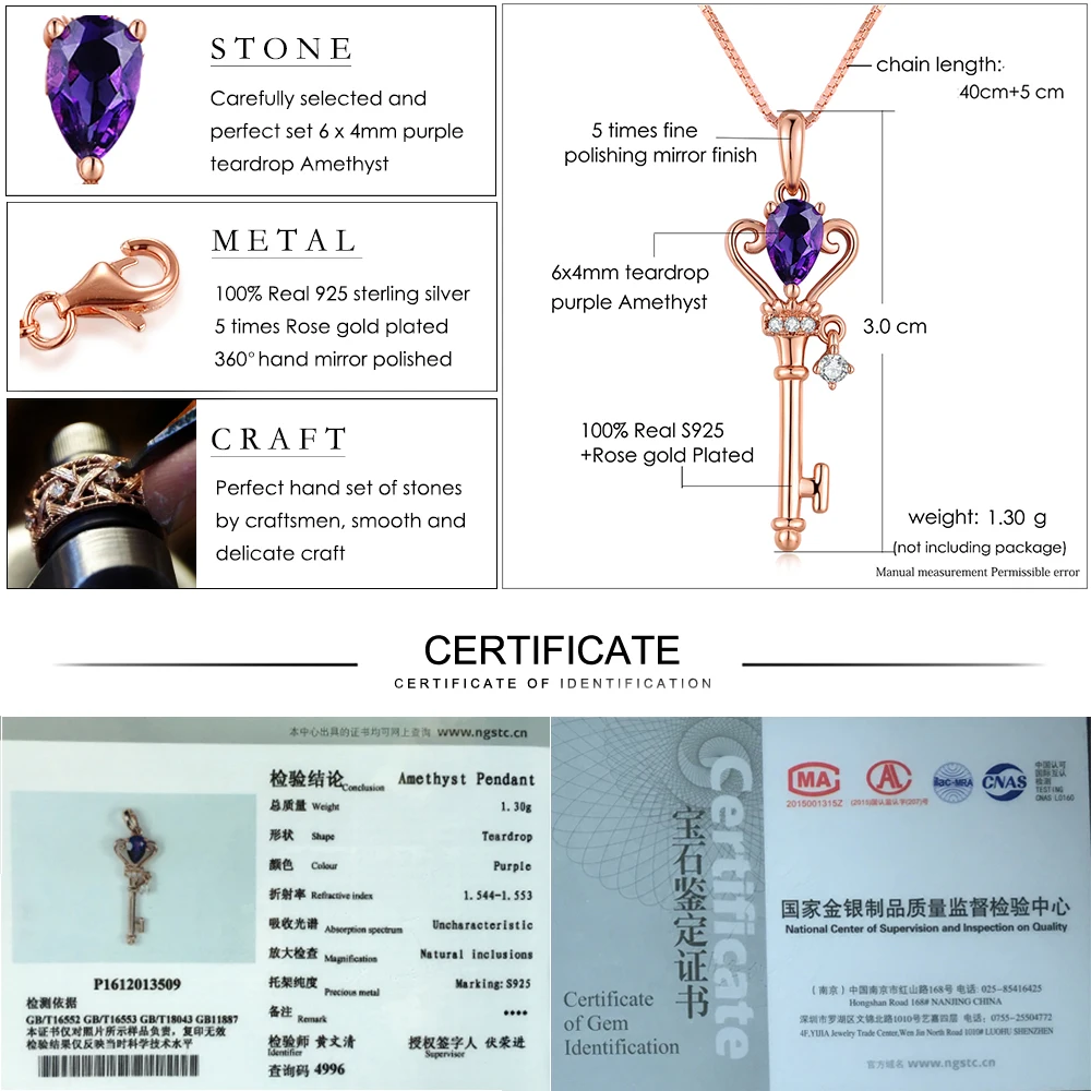 LAMOON Корона ключ кулон 925 Серебряное ожерелье ювелирные изделия 0.4ct Аметист