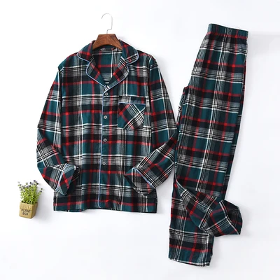 Green plaid Зимняя мужская мода свободного размера плюс фланелевая ткань Повседневная Пижама набор мужской модный цвет мягкий удобный хлопок lounge одежда для сна - Цвет: Green plaid