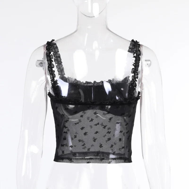 

Y2K Black Mesh Sheer Butterfly Crop Top See Through Ruffles Spaghetti Strap Cami Women Summer Sexy Sleeveless Bustier Clothes