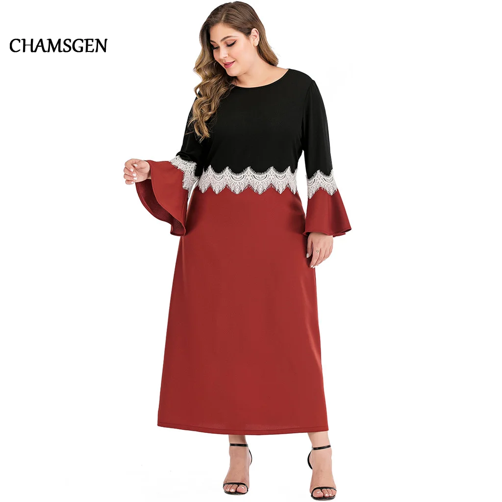 Женское платье в стиле пэчворк CHAMSGEND красное черное с длинными рукавами и