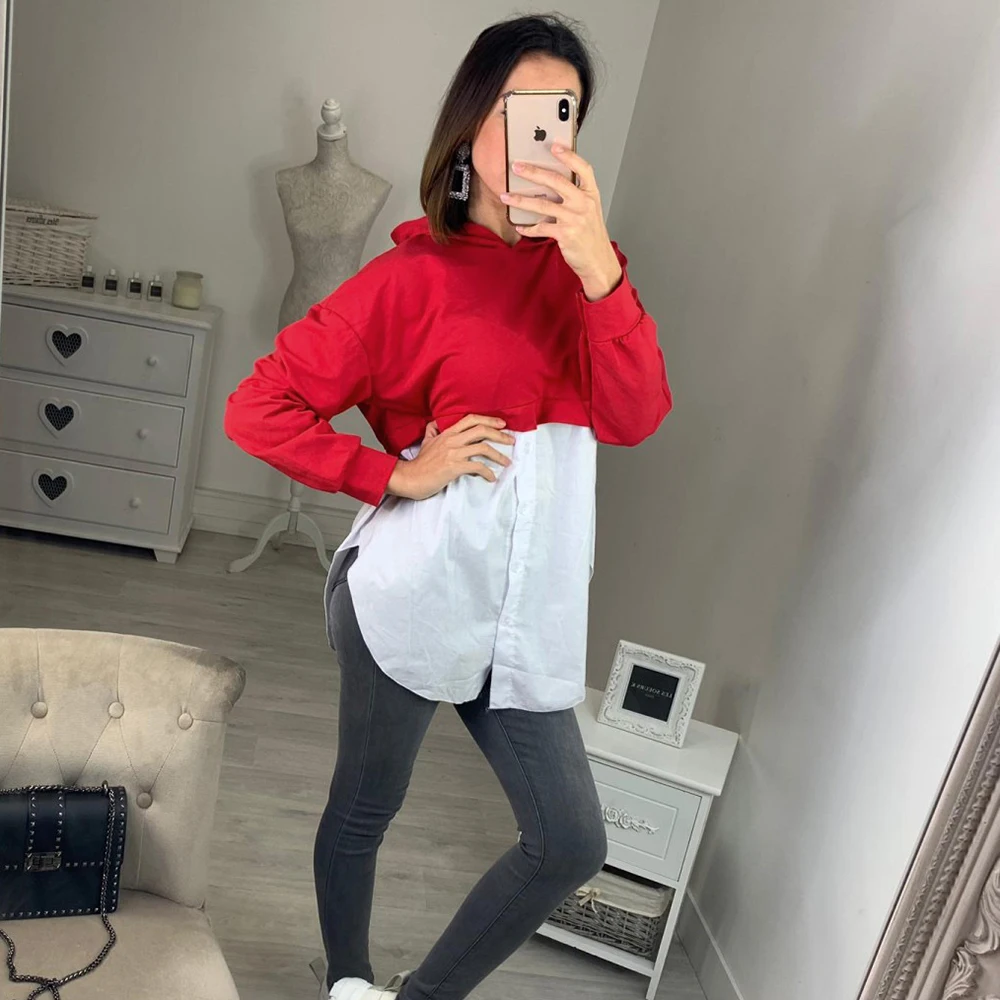 Fashion Long Sleeve Patchwork Sweatshirt Women 2021 Autumn Red Casual Hoodies Shirt Blackpink Tops Femme Sweatshirts Sweetshirts