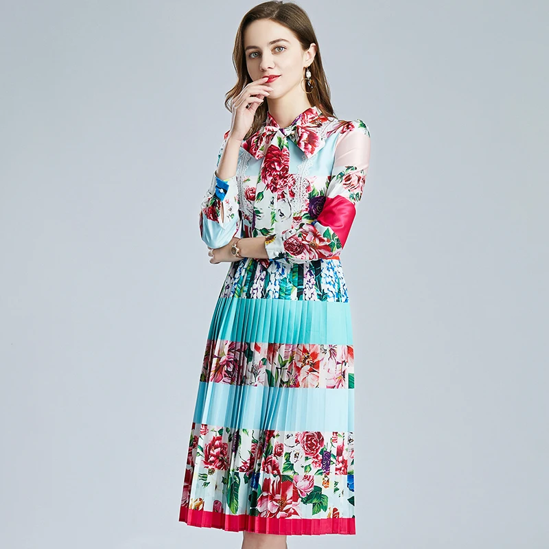 

Fashion Designer Elegant Women Midi Dress Chic Long Sleeve Lace-Up Bow Collar Lace Patchwork Flower Print Slim Pleated Dress