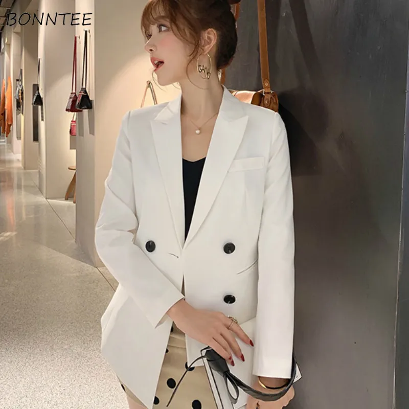

Женские блейзеры в Корейском стиле, однотонные облегающие элегантные двубортные пиджаки в Корейском стиле для отдыха, женская одежда высок...