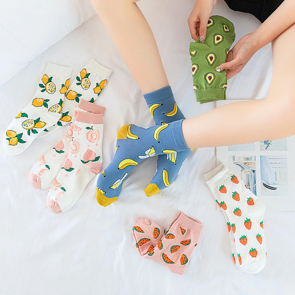 12 Pairs/Lot Cute Woman Socks Girl’s Cartoon Fruit Avocado Peach Funny Cotton Socks Ladies Comfortable Soft Casual Long Socks