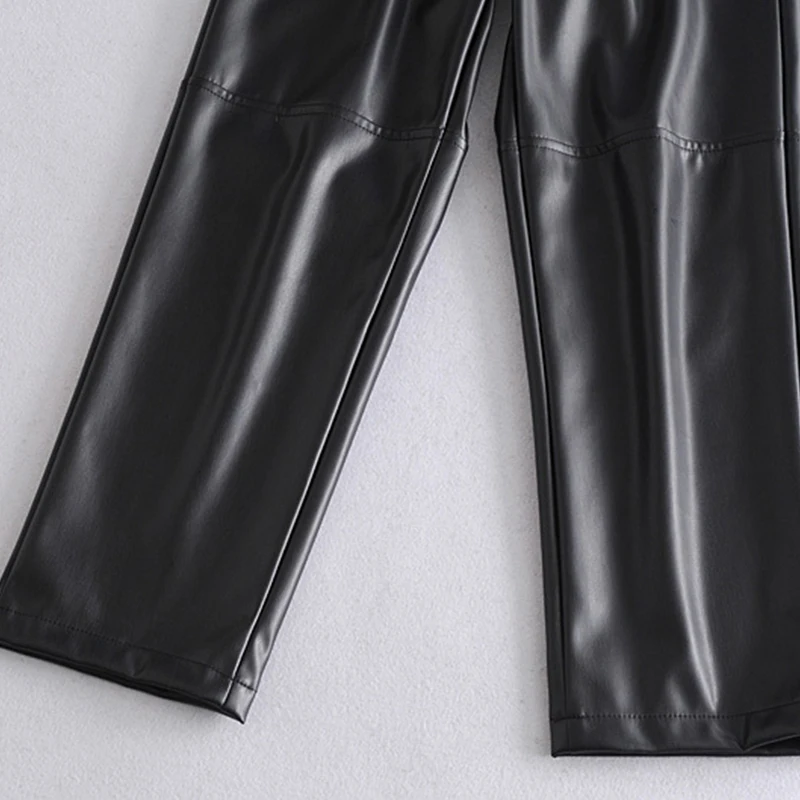 Женские прямые брюки Za из искусственной кожи зимние черные эластичные с высокой