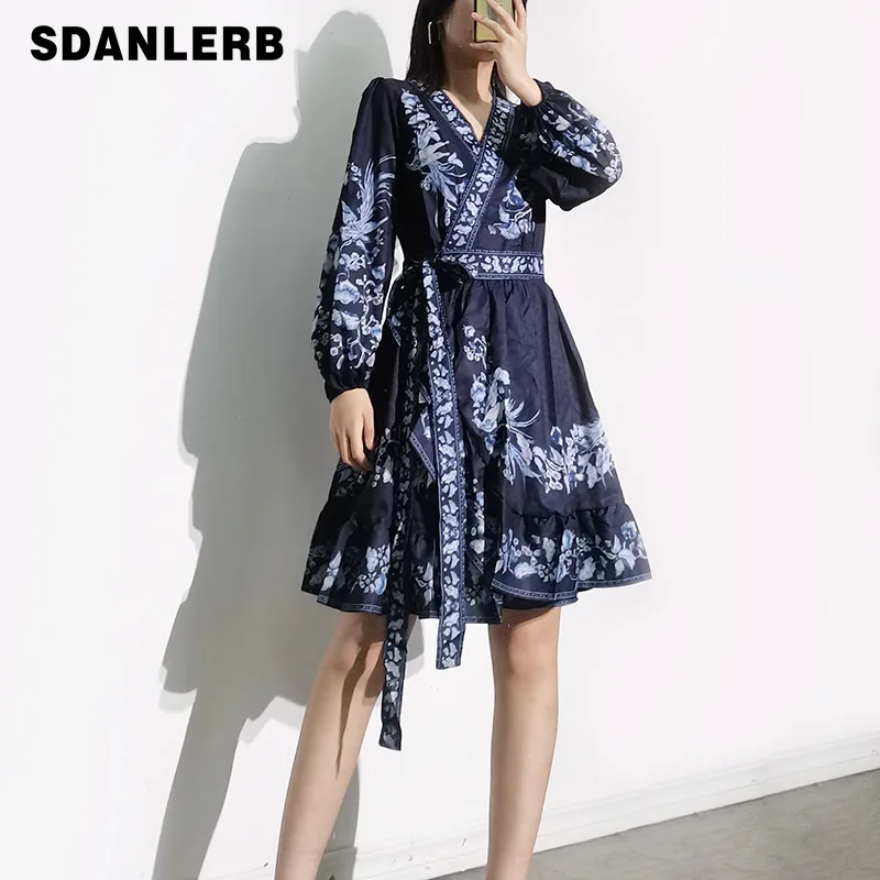 

Chinese Style Retro Printed Dress 2021 Autumn New V-neck Long-Sleeved High Waist Slimming Lace-up Women's Mid-length Dress