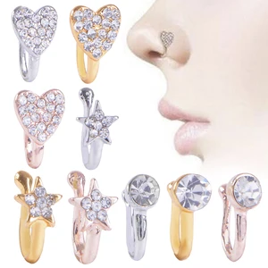 New Glitter Clip-On Fake Nose Ring Clamp NonPiercing Crystal Hanger Hoop Jewelry Gold Heart Shap Bod