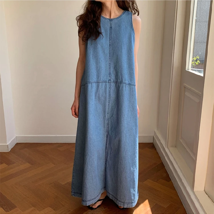 

2021 Summer Korean Chic Sleeveless Blue Denim Dress Casual Plus Size Loose Dresses Female Minimalist Clothes Female