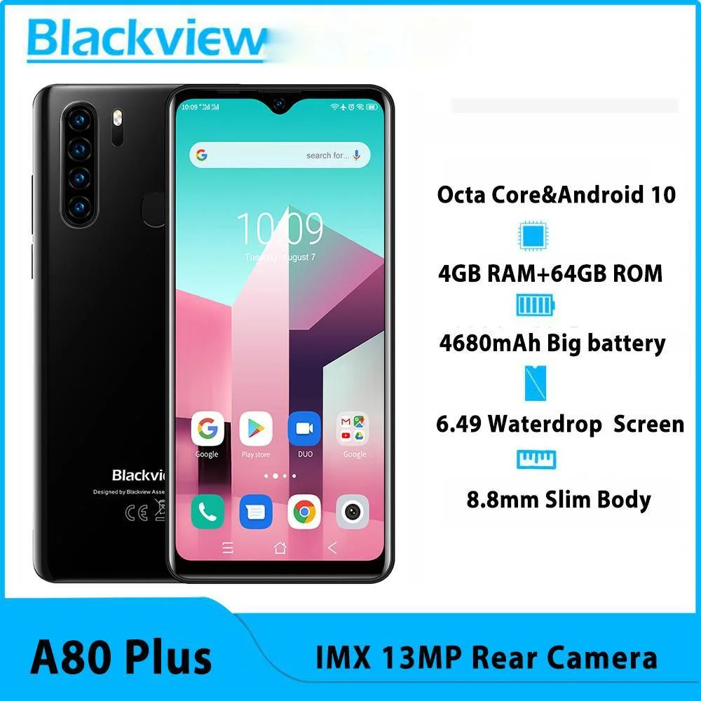 

Blackview NEW A80 Plus Mobile Phone Octa Core 4GB RAM+64GB ROM IMX 13MP Rear Camera Face ID Fingerprints Waterdrop 4G Cellphone