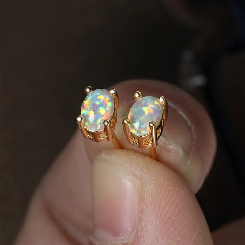 

Boho Female White Blue Opal Stone Earrings Yellow Gold Color Small Stud Earrings For Women Vintage Bride Oval Wedding Earrings