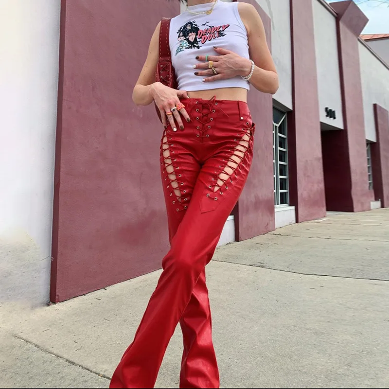 

BBK Faux PU Leather Y2K High Waist Pants Women Hollow Out Bandage Sexy Autumn Trend Club Trousers Slim Streetwear Female Hot