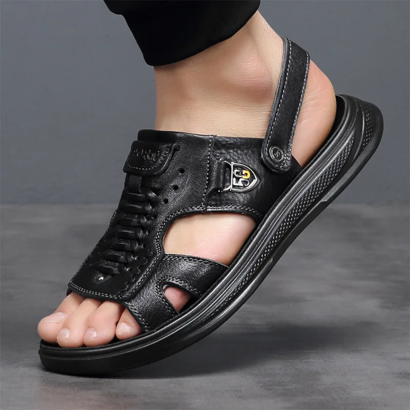 Мужские пляжные сандалии LIMEIKE черные из натуральной дышащей кожи мягкие для лета