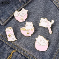 xedz pink brooch for women fashion pink sole noodle chopsticks cans bowl cat enamel badge clothes pins jewelry gifts for friends