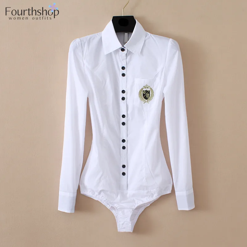 

2021 Fashion Embroidery Badge White Body Shirts Women Bodysuit Long Sleeves Office Lady Business Work Formal Blouses Female Tops