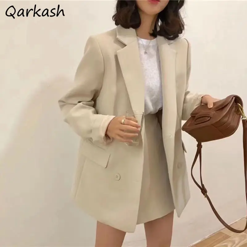

Blazers Women Loose Simple Basic Vintage Outwear Double Breasted Leisure Chic All-match Elegant Temperament Ladies College Ins