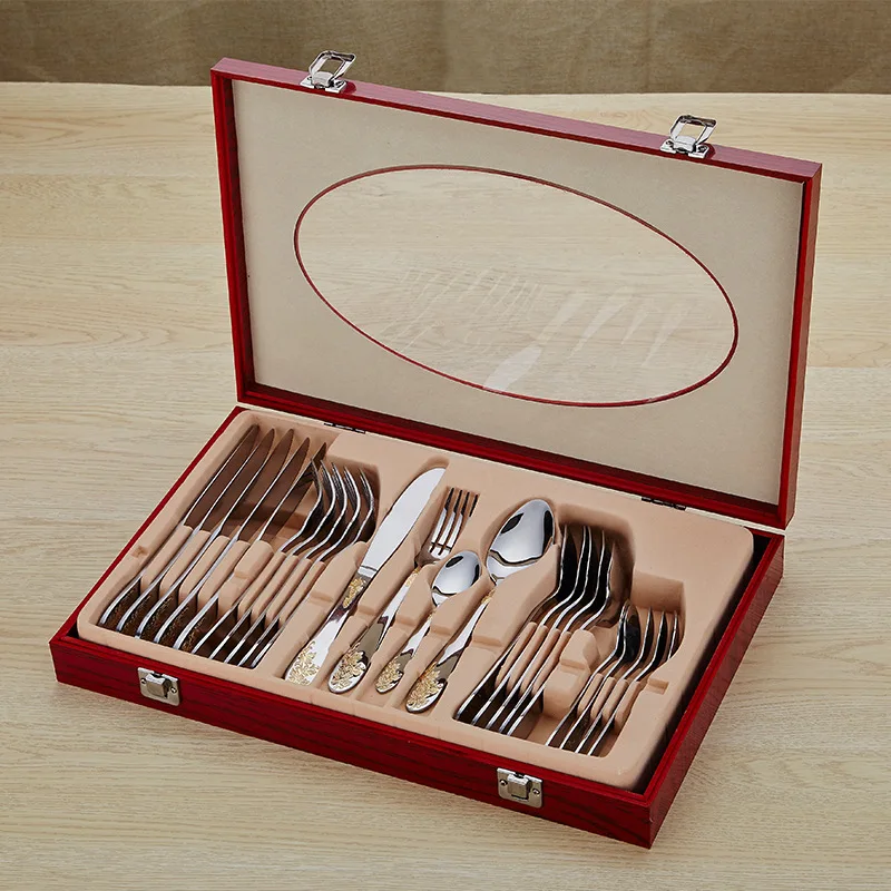 24 PCS Dinnerware Set Stainless Steel Cutlery Flatware Sets Tableware Spoon Party Supplies Kitchen Wood Gift Box | Дом и сад