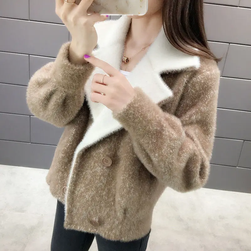 

Women 2021 Winter New Imitation Mink Velvet Cardigan Coats Female Loose Solid Color Outwears Ladies Short Cardigans Jackets W547