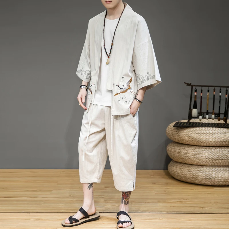 Улучшенный мужской летний льняной костюм Hanfu мужская китайская одежда с вышивкой