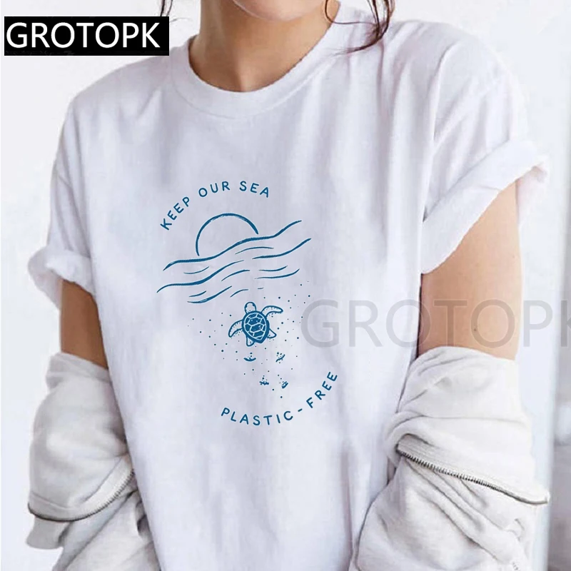 Футболка с надписью Keep Our Sea Plastic Free летняя повседневная женская одежда футболки