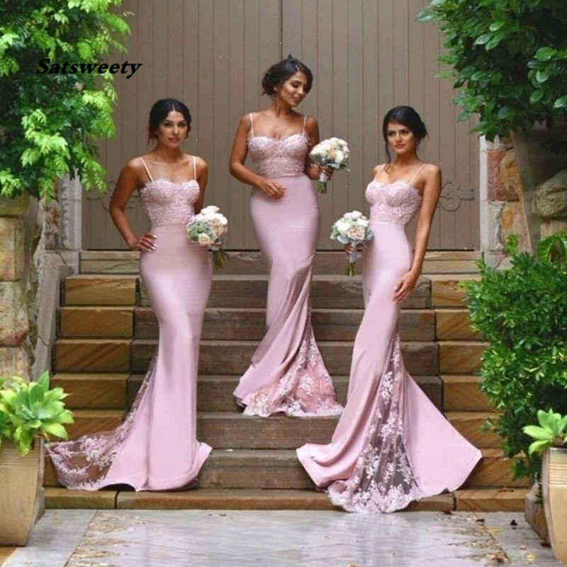 

Sexy Bridesmaid Dresses Spaghetti Strap Vestido De Festa De Casamento Sheer Lace Applique Blush Peach Long Bridesmaid Dresses