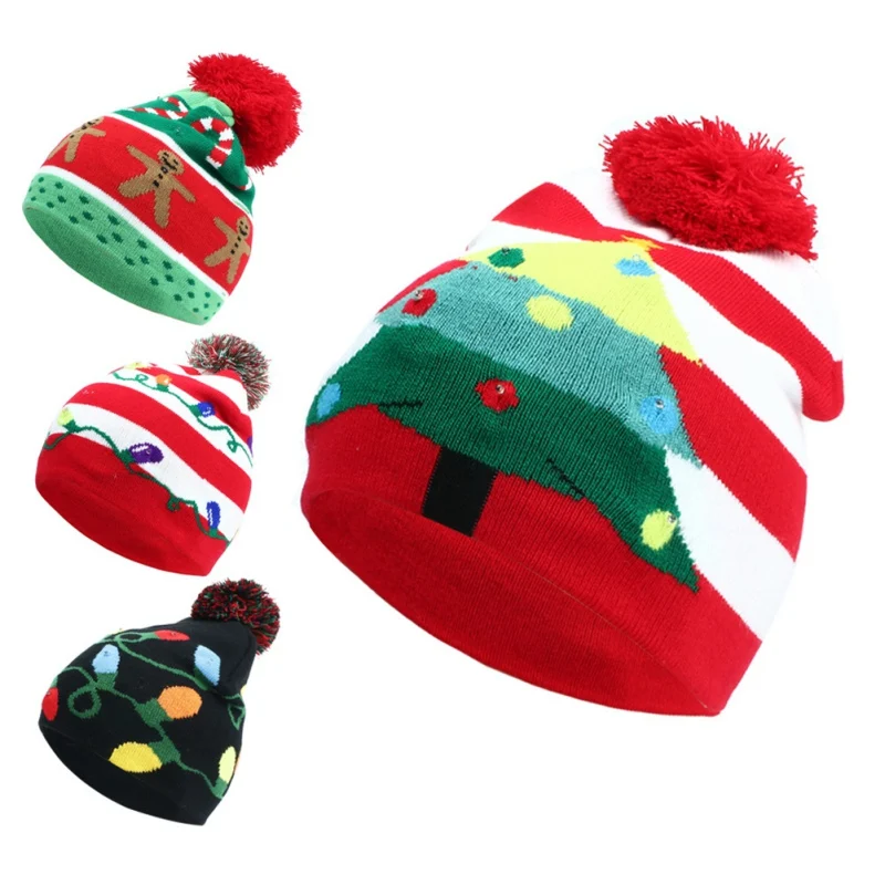 

Новогодняя Рождественская шапка, светодиодная вязаная шапка с подсветкой для взрослых и детей, светящаяся шапка с шариком, шапки для рождес...