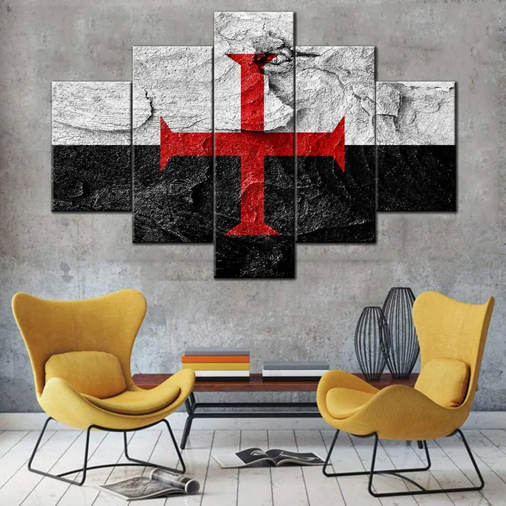 

No Framed 5 Pieces Red Cross Templar Knight Flag HD Print Wall Art Canvas Posters Pictures Paintings Home Decor for Living Room