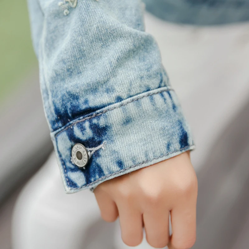 

YOCALOR Vintage Funny Print Jean Jacket Women Ripped Hole Long Sleeve Bomber Jackets Casual Spring Autumn Short Denim Jacket