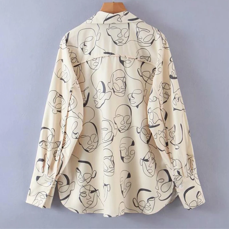 

2021 New Women Blouse Abstract Print Long Sleeve Shirts Office Lady Female Top Single Breasted Solid Turn Down Collar Blouses