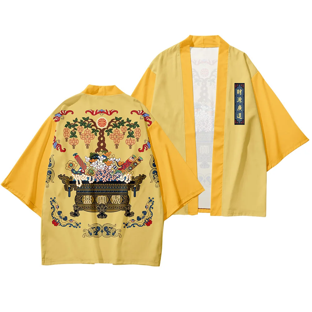 

Kimono Man Japanese Clothes Yukata Yellow Print Streetwear Jacket And Pant Male Samurai Costume Haori Obi Beach Kimono Cardigan