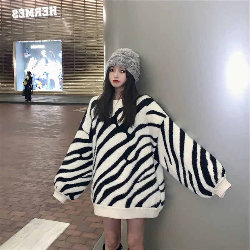 New zebra pattern sweater for winter 2020 women's net red lazy style Mohair medium long top knitted pullover | Женская одежда