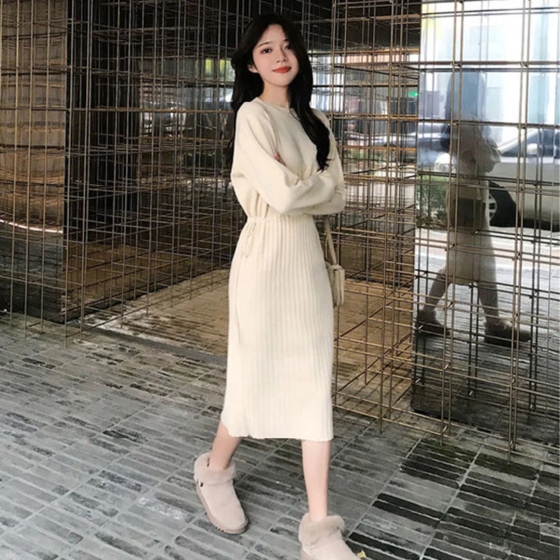 Elegant O-neck Patchwork Autumn Winter Dress Straight Women Sweater Thicken Lace Up Female Jumper Midi Vestidos 2019 |