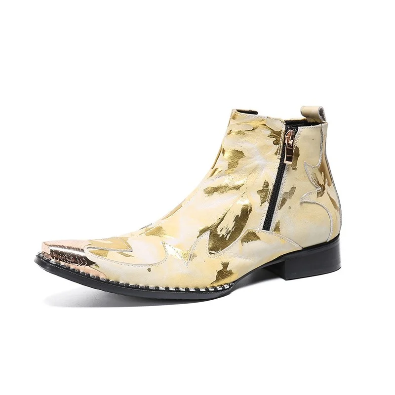 Botas de Luxo Sapatos de Casamento Couro com Zíper Botas de Tornozelo Moda Masculina Metal Apontado Vestido Ouro Impressão Festa Genuíno Cowboy 2021