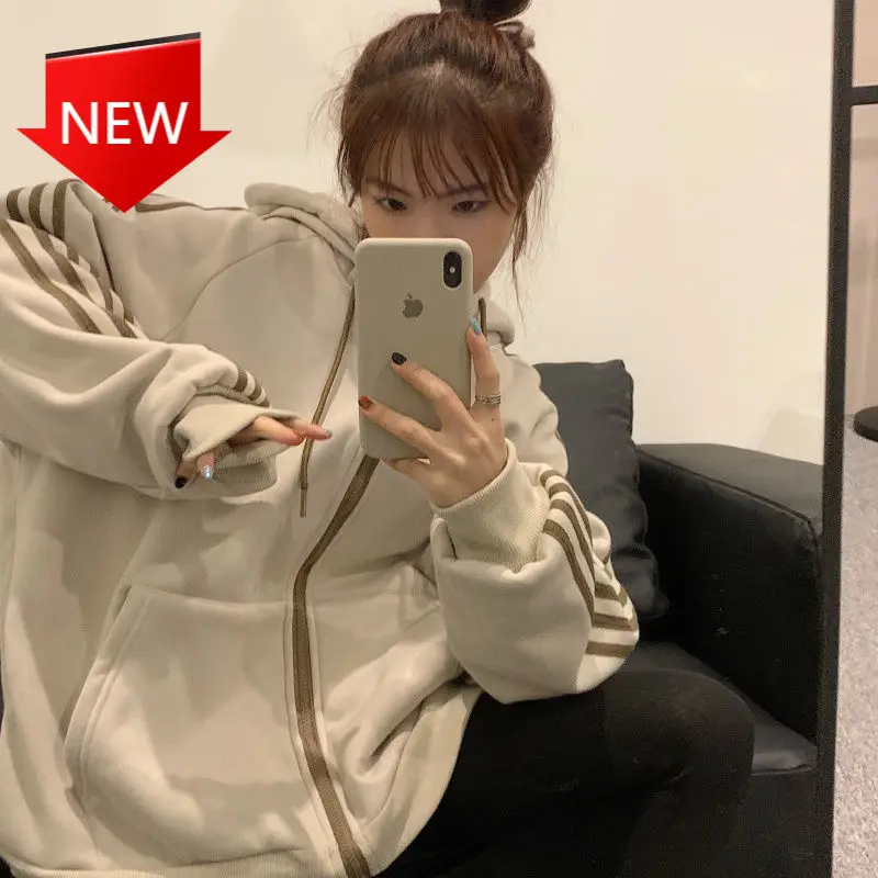 

Женская толстовка с капюшоном, толстовка большого размера с длинным рукавом и молнией, в Корейском стиле, зима 2021