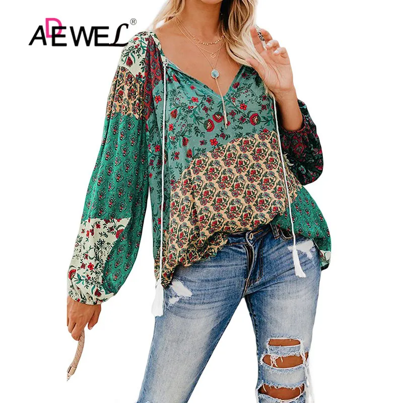 ADEWEL Autumn Spring Floral Print Peasant Blouse Women Casual Blouses Tops Split Neckline Long Sleeve Plus Size | Женская одежда