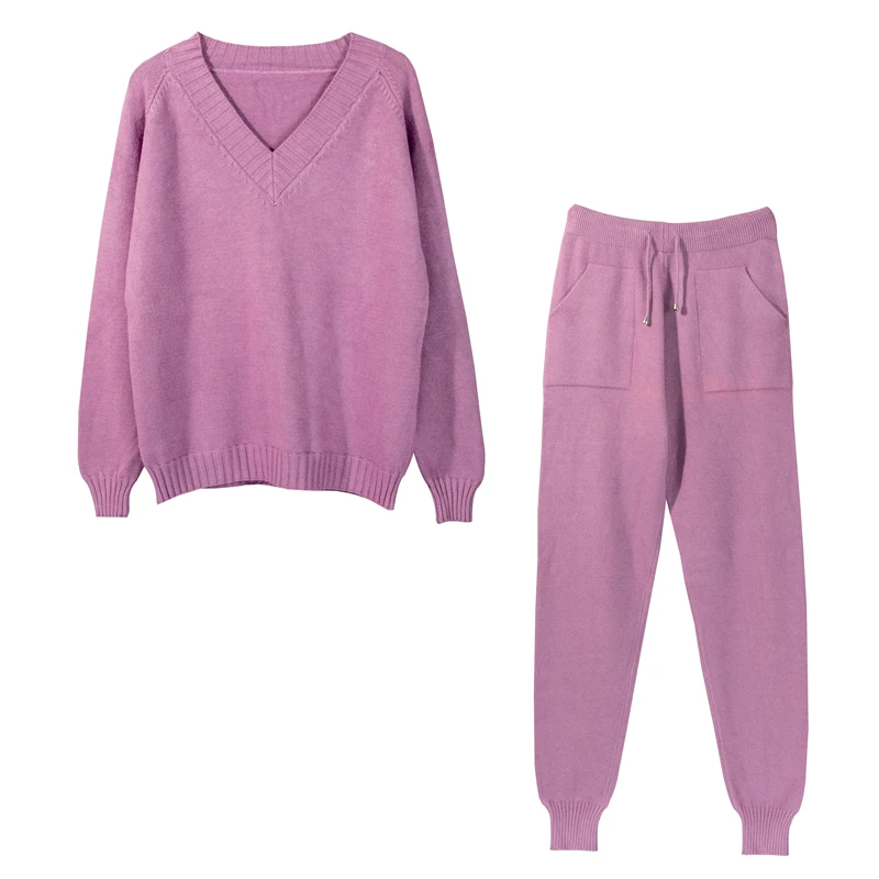 

Newest Autumn Winter Tracksuit Women Sweater V-neck Pullovers Knitted 2 Piece Set Pockets Pencil Pants Loose Suit Female