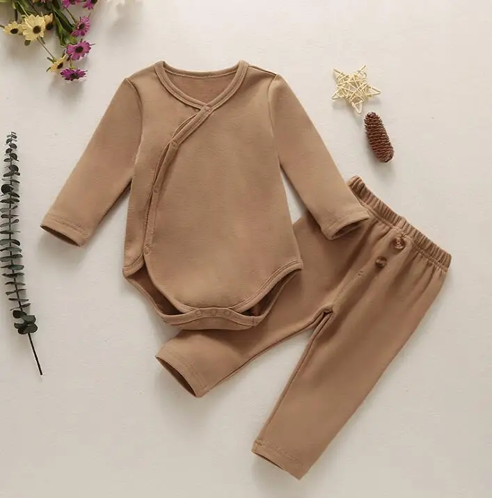 

Newborn Baby Girl Boy Fall Clothes Solid Color V neck Long Sleeve Romper Top+Harem Pants 2pcs Set