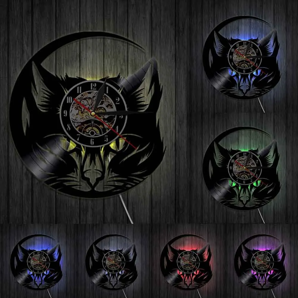 Настенные часы с изображением головы кошки Meow, Черный кот, Виниловая пластинка, часы, настенные художественные, кошачий магазин, Декор, винтажные животные, кот, любовник, часы для оформления дома
