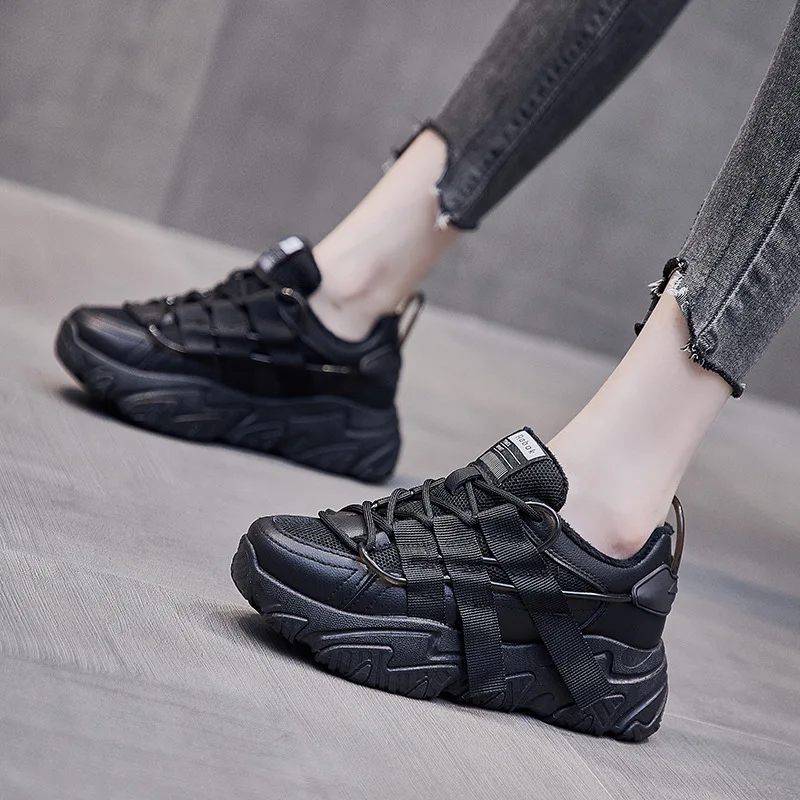 

Jookrrix 2020 Women Sneaker Winter Fashion Shoes Chunky Sneakers For Female Brand Thick Sole Sports Sneaker Black Shoes ZD2927