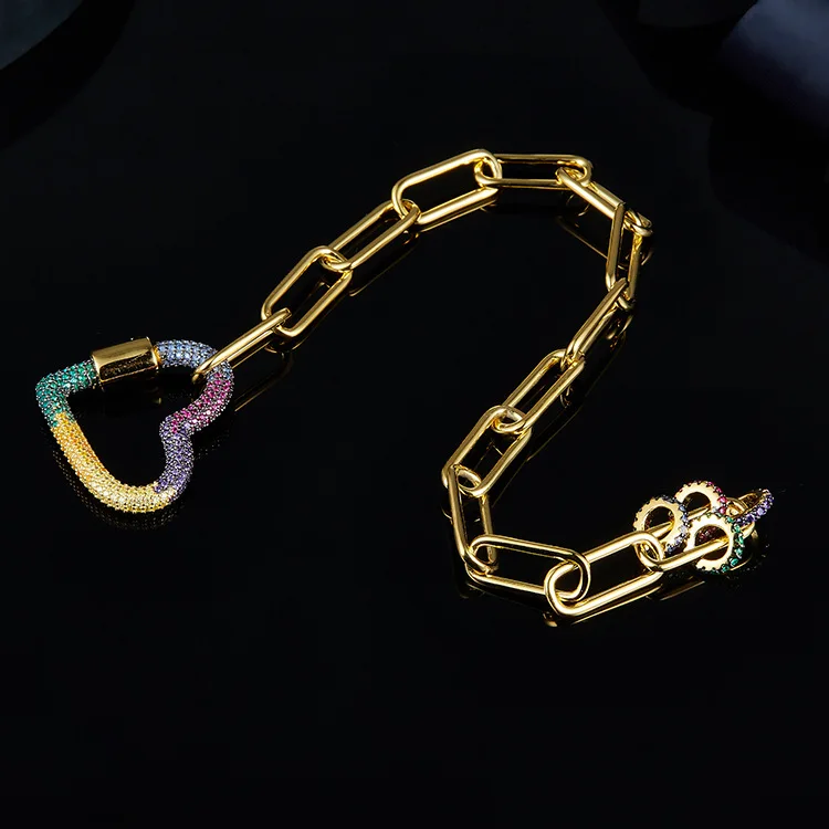 Новый женский браслет цепочка с застежкой в виде радужного сердца позолоченный