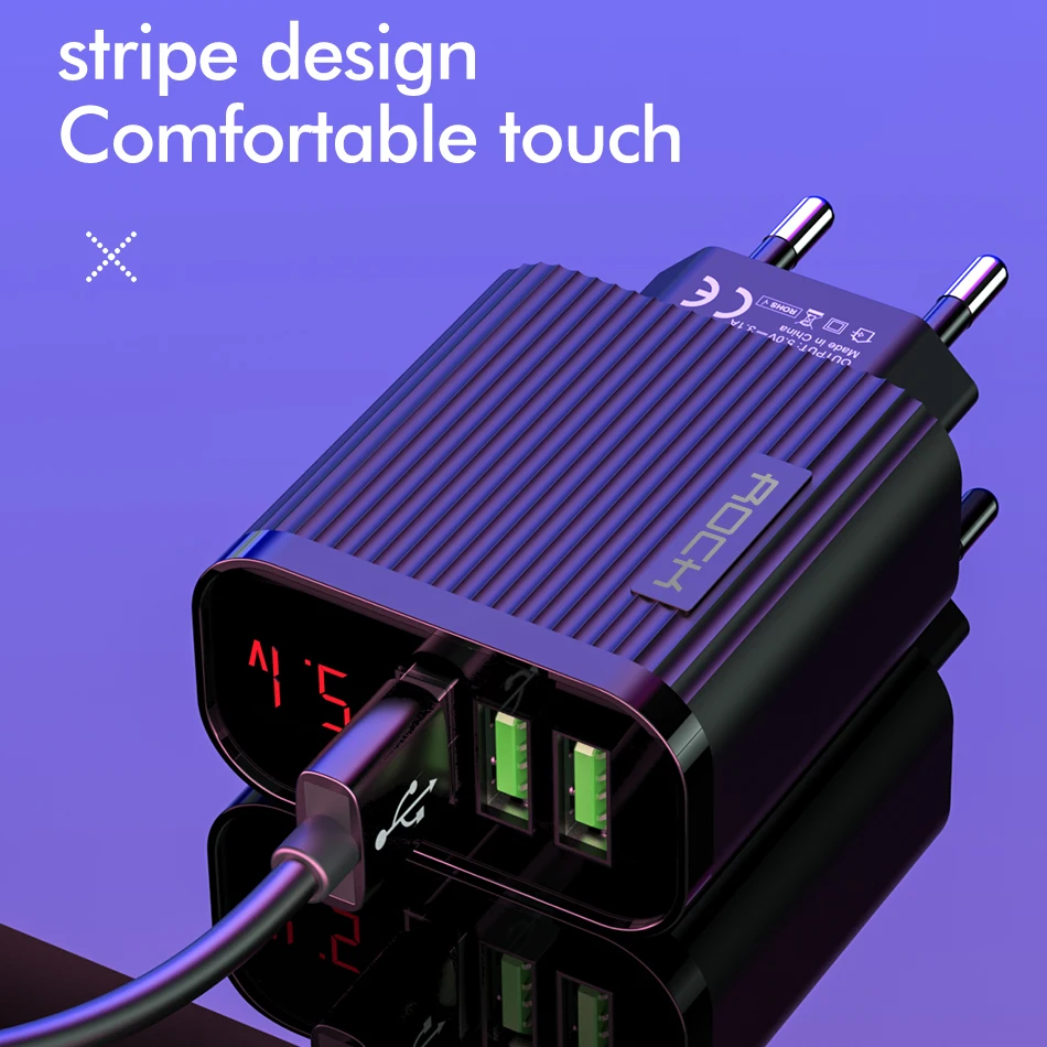 ROCK Digital Display Quick Phone Charger 3 Port USB 3A Smart Fast Travel Wall Adapter For iPhone Samsung Xiaomi | Мобильные телефоны