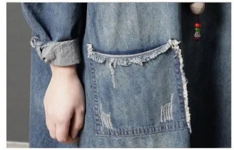 #0190 осень трапециевидной формы с круглым вырезом платье из джинсовой ткани для