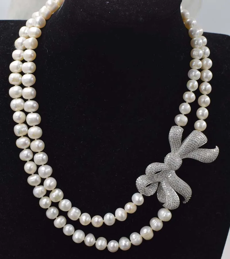 

2rows freshwater pearl white near round 8-9mm necklace 17-18inch FPPJ wholesale beads nature