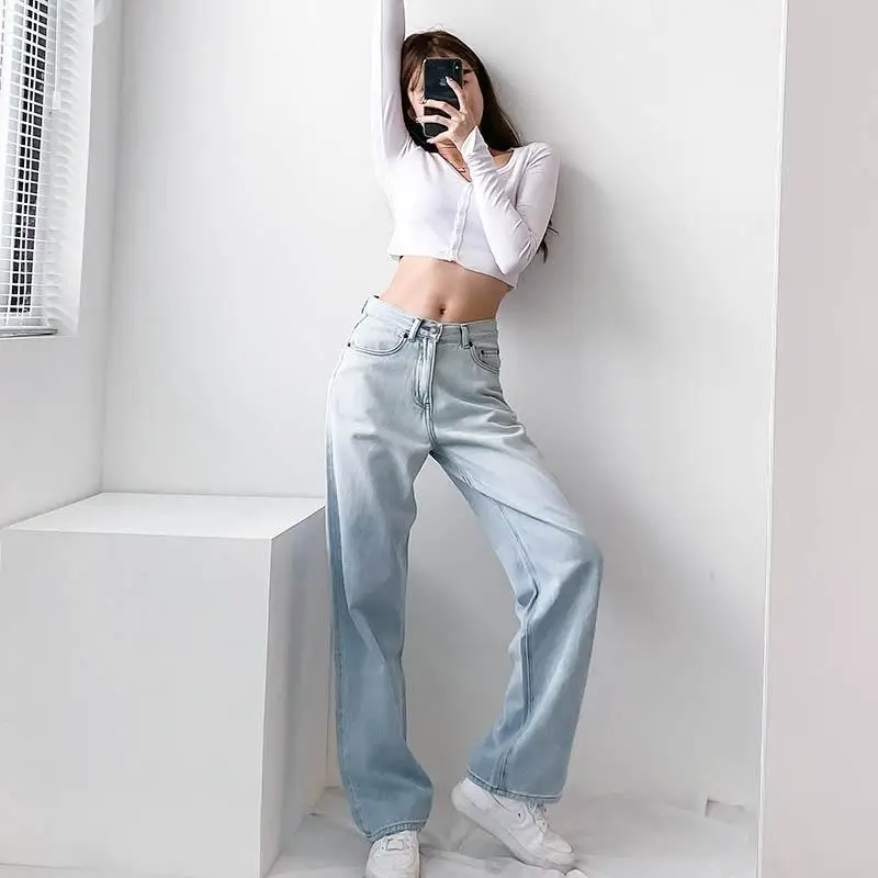

Retro gradient light jeans women's straight tube high waist show thin BF light blue loose wide leg tall pants