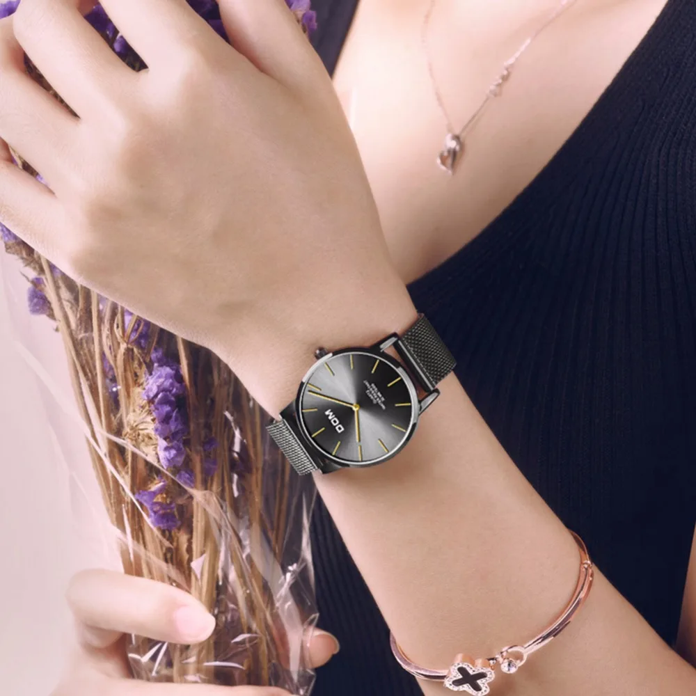 DOM женские часы черные роскошные кожаные Лидирующий бренд наручные