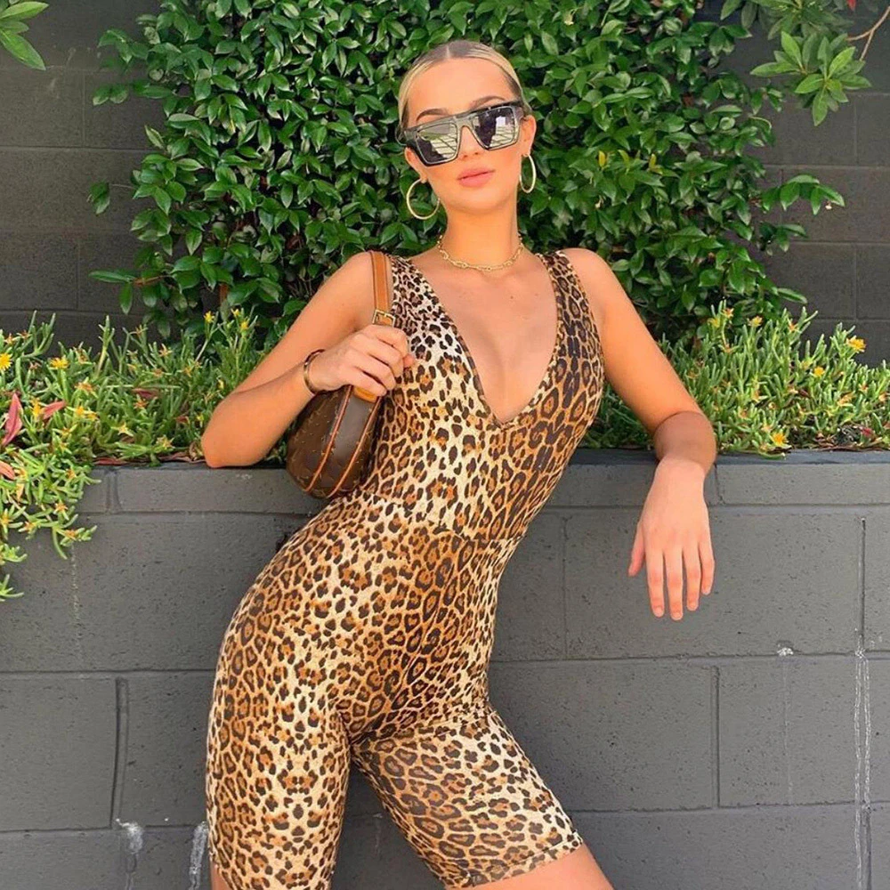 2021 Rompers Jumpsuits Leopard Tiger Pattern Short Sexy Deep V-Neck Sleeveless Leopard Sportswear High Street Body Summer Femme