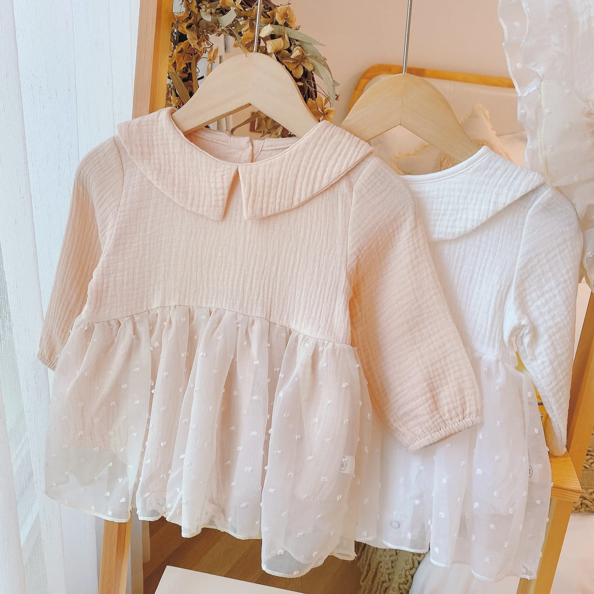 

WLG Girls Rompers Baby Clothes Spring Autumn Mesh Long Sleeve White Beige Romper Toddler Cute All Match Clothes for 6-18 Months