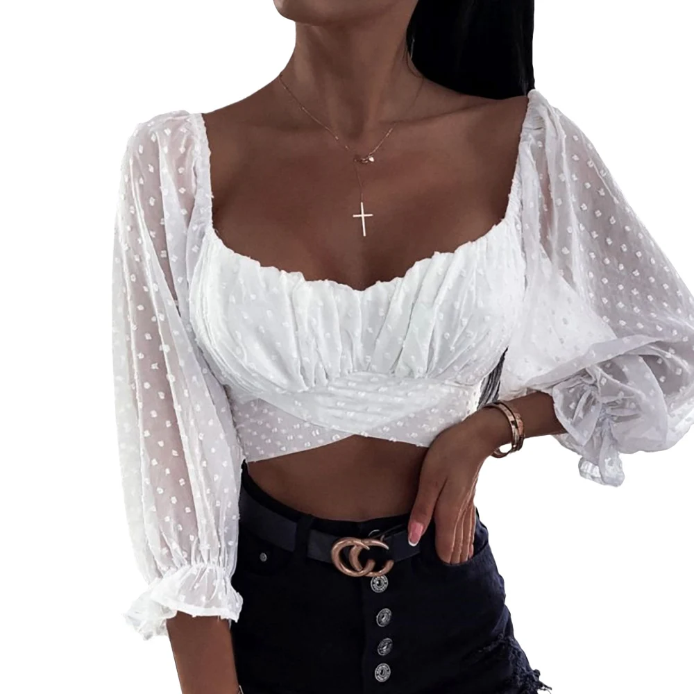 

Sexy Polka Dots Cross Crop Tops Women Low Cut Backless See Through Short Chiffon Mesh T Shirt Female Elegant Bandage Tops D30