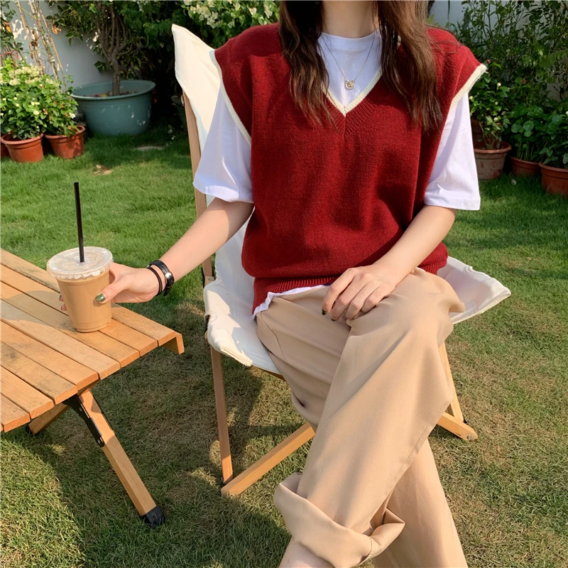 

Hzirip Women Knitted Sweaters Vest Female Pullover Tops V-Neck All-Match Contrast Fashion Casual Sweet Loose 2021 Autumn New