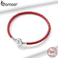 bamoer leather chain bracelet for beads signature engrave brand stelring silver jewelry fit for original silver charm bsb042