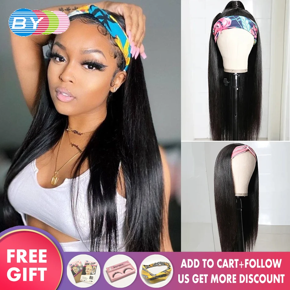 

By Long 28inch Straight Headband Wig Brazilian Remy Hair For Black Women Machine Made Cheap Human Hair Wigs With Headband Scarf